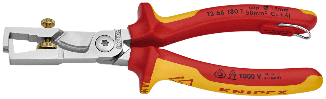 Knipex - Pince combinée à dénuder et cisaille à câble - 1000 V - Tethered - n°1 - 13 66 T - EAN 4003773081906 - Bugnard.ch