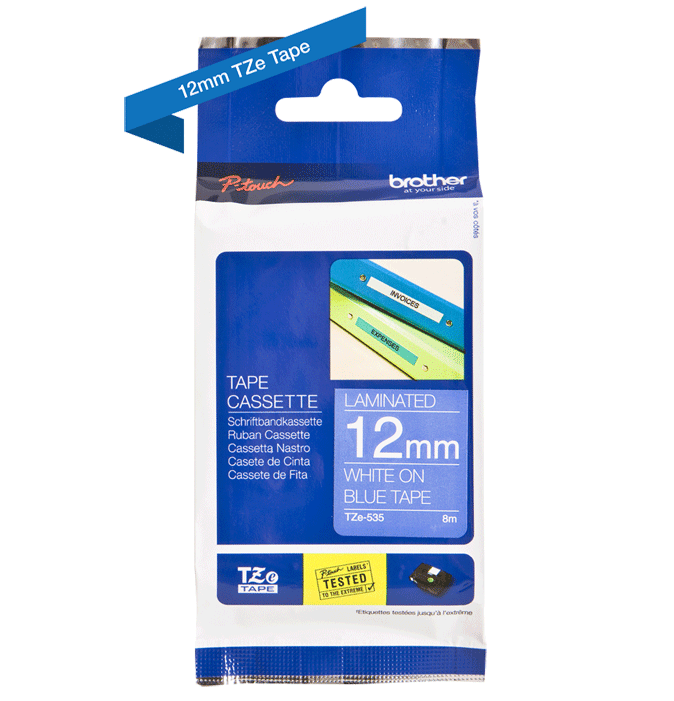 Brother - P-Touch TZe Tape - Cassette de ruban à étiqueter - blanc sur bleu - n°1 - P-Touch TZe Tape - EAN 4977766686471 - Bugnard.ch