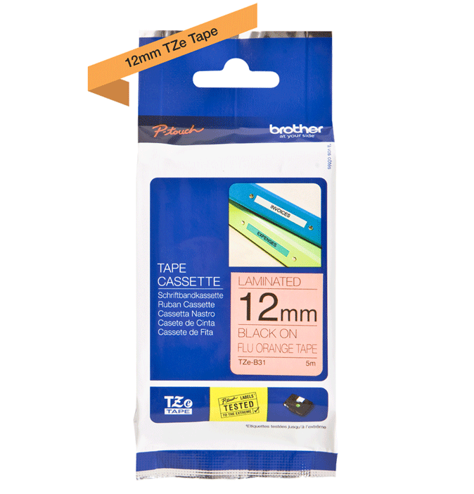 Brother - P-Touch TZe Tape - Cassette de ruban à étiqueter - noir sur orange fluo - n°1 - P-Touch TZe Tape - EAN 4977766691628 - Bugnard.ch