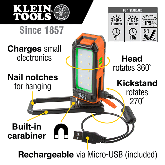 Klein Tools - Baladeuse/lampe de poche LED à accu Li-ion - n°9 - EAN 0092644564031 - Bugnard.ch